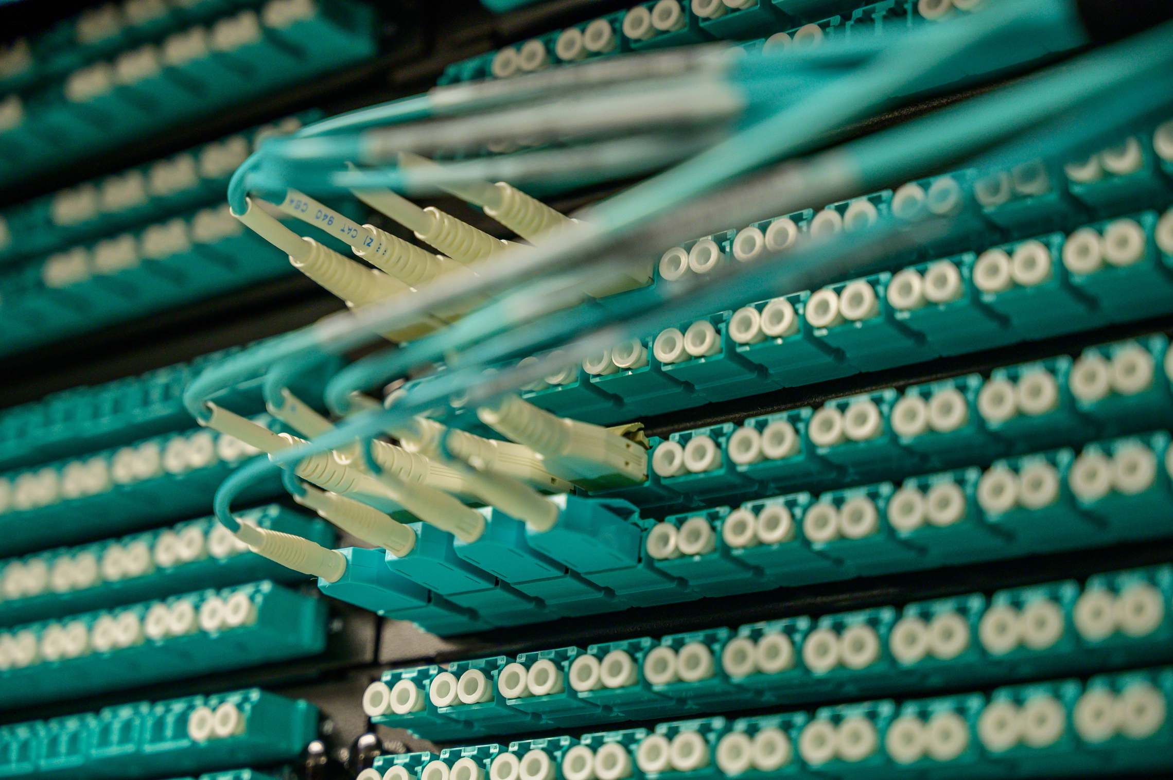 Network server rack with organized cabling in a data hall